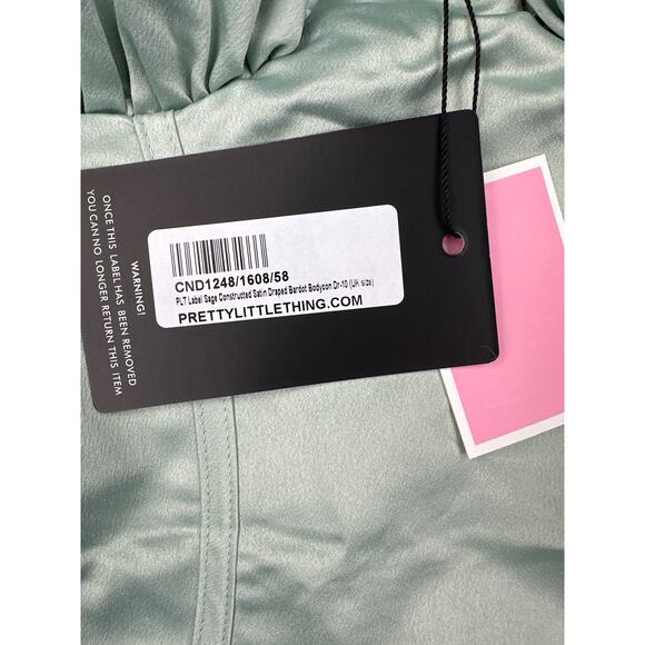 Pretty Little Thing - Constructed Satin Draped Bardot Bodycon Dress in Sage - Picture 3 of 5